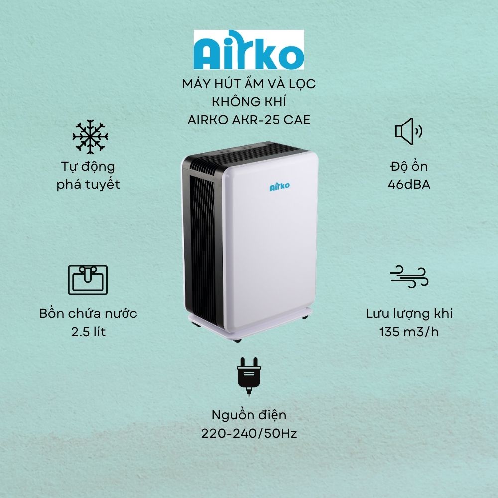 Máy hút ẩm lọc không khí Airko AKR-25CAE, diện tích dùng 40-50m2, công suất 15 lít/ngày bảo hành chính hãng 12 tháng