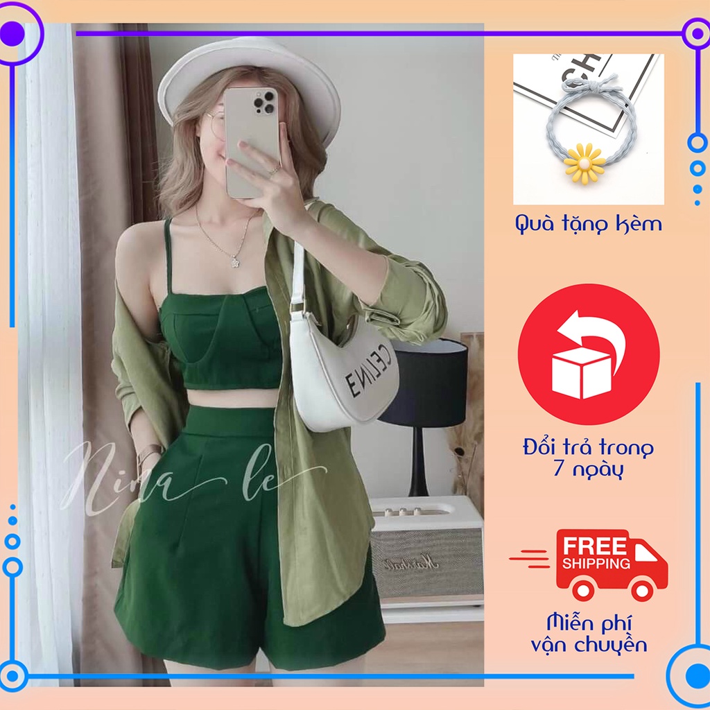 Set sơ mi áo croptop quần đùi ống rộng ChemMix 3 món nữ cực xinh cho nàng dạo phố, đi biển