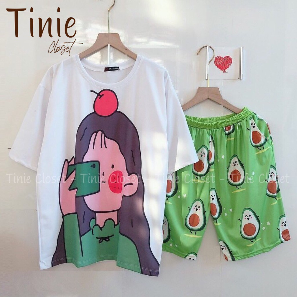 Set đồ bộ hoạt hình nam nữ form rộng Unisex Girl Táo Tinie Closet,Áo thun+quần đùi Freesize