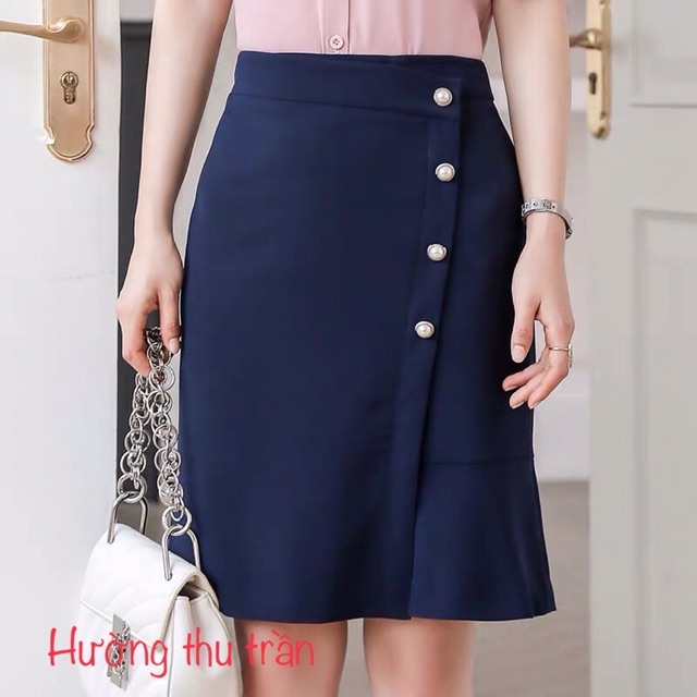Chân váy công sở trên gối phối bèo trẻ trung, 1 bèo 4 cúc dài 50cm