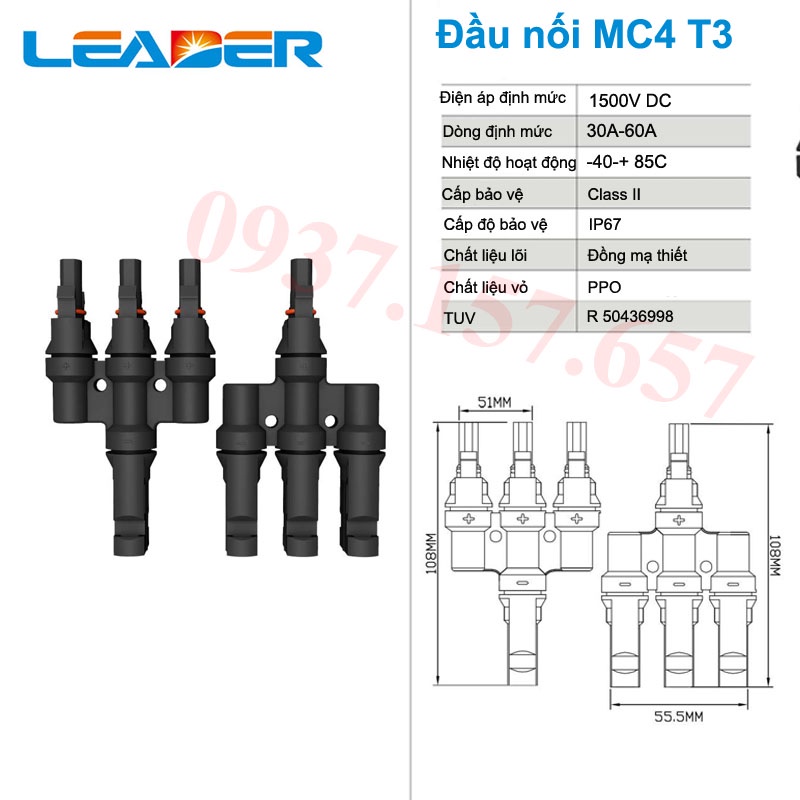 Jack MC4 1500V T2 T3 T4 T6, MC4 đấu song song T2 T3 T4 T6 hãng Leader