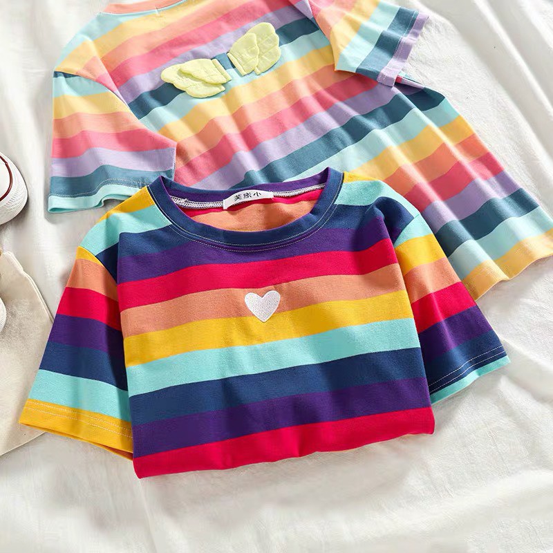 Áo croptop sọc màu cầu vồng tim siêu cute xinh xinh