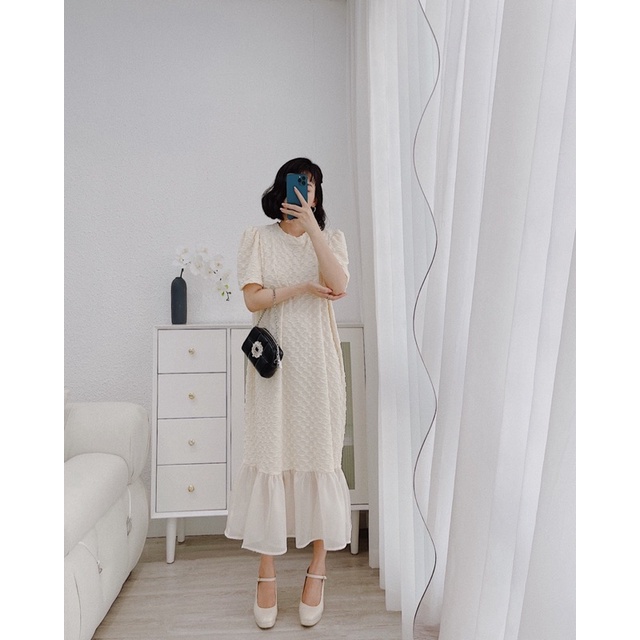 Váy thun xốp phối tơ voan đuôi cá, phom suông rộng chất liệu co giãn 4 chiều mặc cực kỳ thích