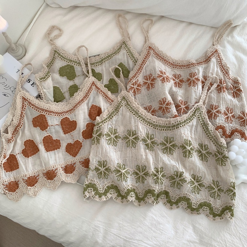 Áo Croptop Hai Dây Dệt Kim Vải Cotton Lanh Thêu Hình Trái Tim Dành Cho Nữ