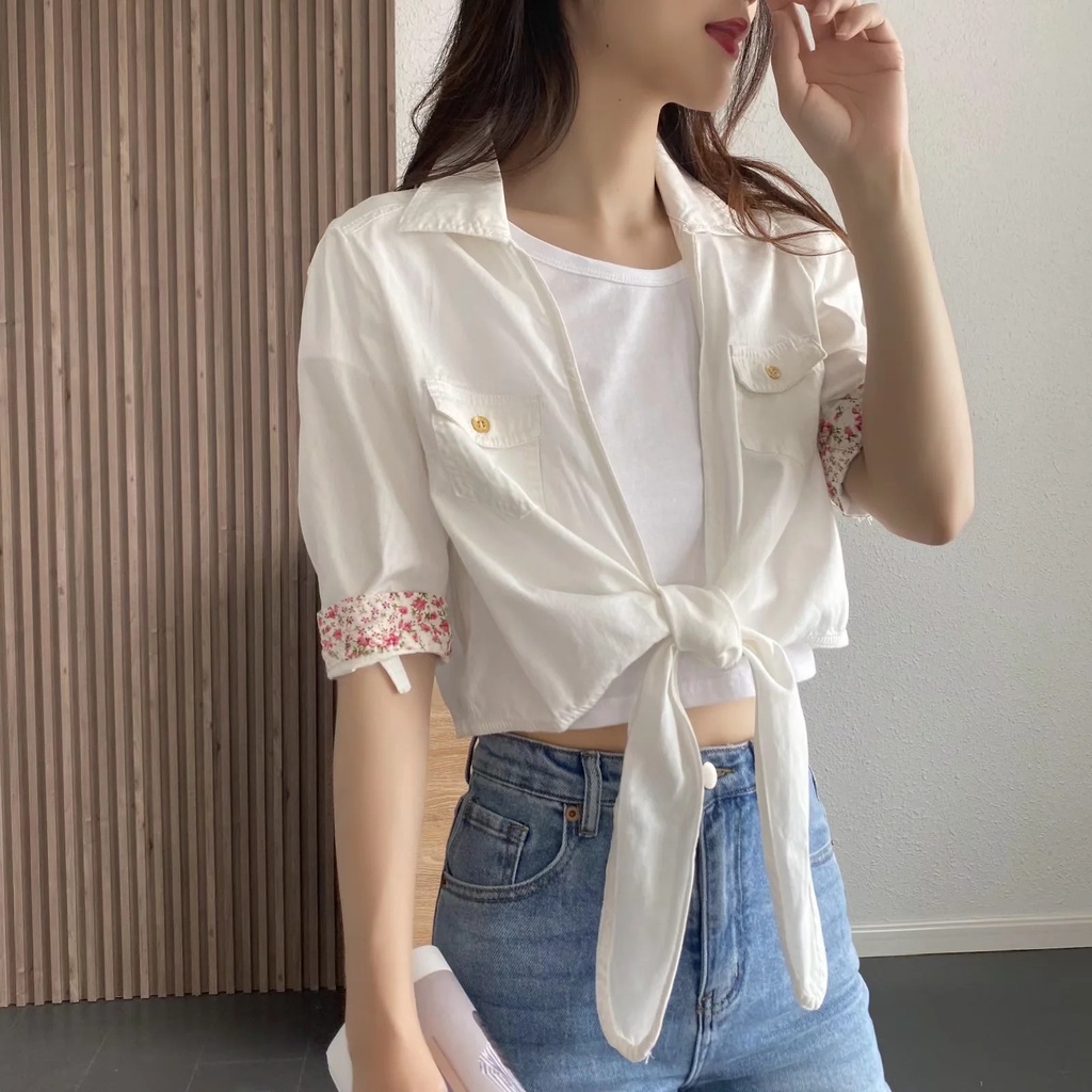Áo Sơ Mi Denim Tay Ngắn Dáng Rộng Cột Dây Thời Trang Mùa Hè Phong Cách Hàn Quốc Mới 2022 Cho Nữ