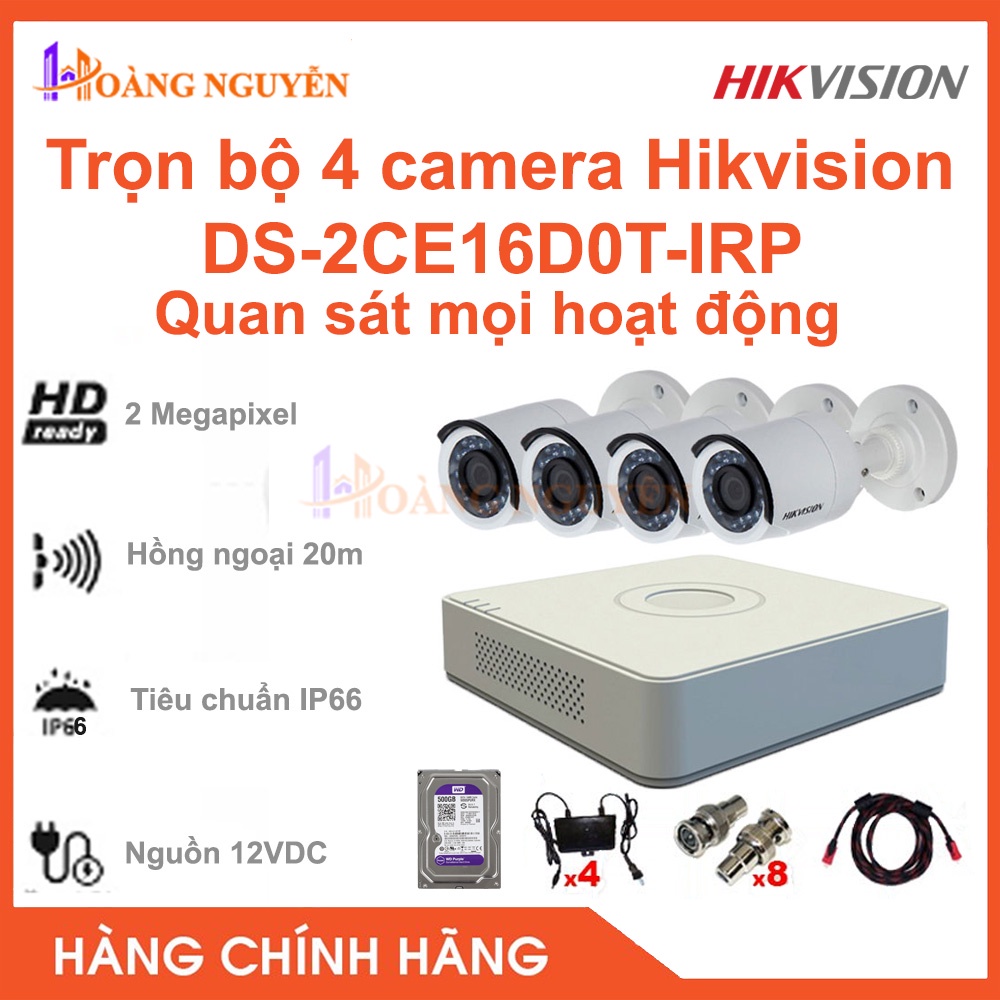 [NHÀ PHÂN PHỐI] Trọn Bộ 4 Camera 2MP Hikvision DS-2CE16D0T-IRP Full HD 1080P - Hàng Chính Hãng Siêu Bền, Chuẩn H265+
