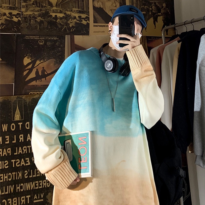 Áo Sweater Cổ Tròn Dáng Rộng Màu Sắc Tương Phản Thời Trang Thu Đông Cho Nam Giới