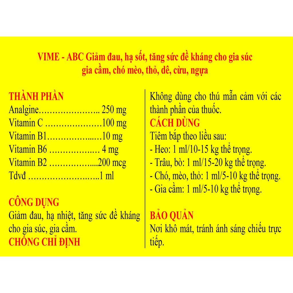 1 lọ VIME - ABC 10ml Chuyên dùng cho gia súc, gia cầm, chó mèo, thỏ, dê, cừu, ngựa, trâu, bò