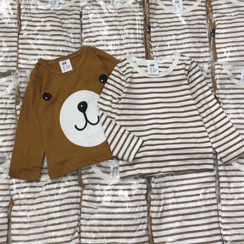 Áo thun bé unisex H&M KIDS xuất xịn thun cotton cổ tròn tay dài in hình gấu, sọc ngang
