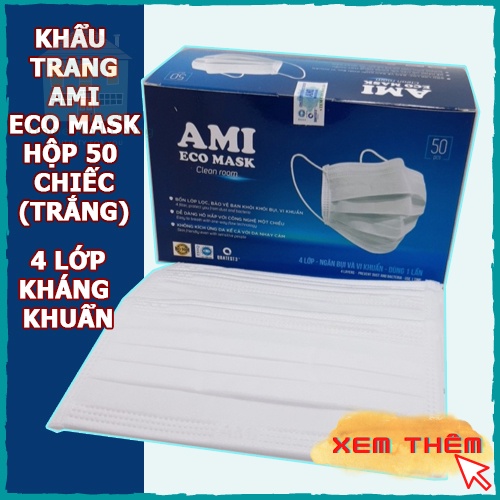 Khẩu trang y tế kháng khuẩn ami 4 lớp ( màu trắng) hàng chuẩn công ty cao cấp hộp 50 chiếc, khẩu trang Halshop