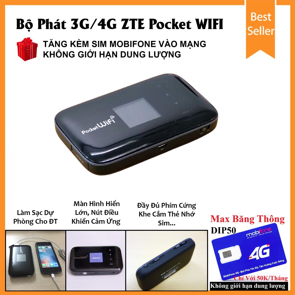 Cục Phát Wifi 3G/4G ZTE Pocket Wifi + Tặng Sim Mobifone Vào Mạng Dung Lượng Không Giới Hạn