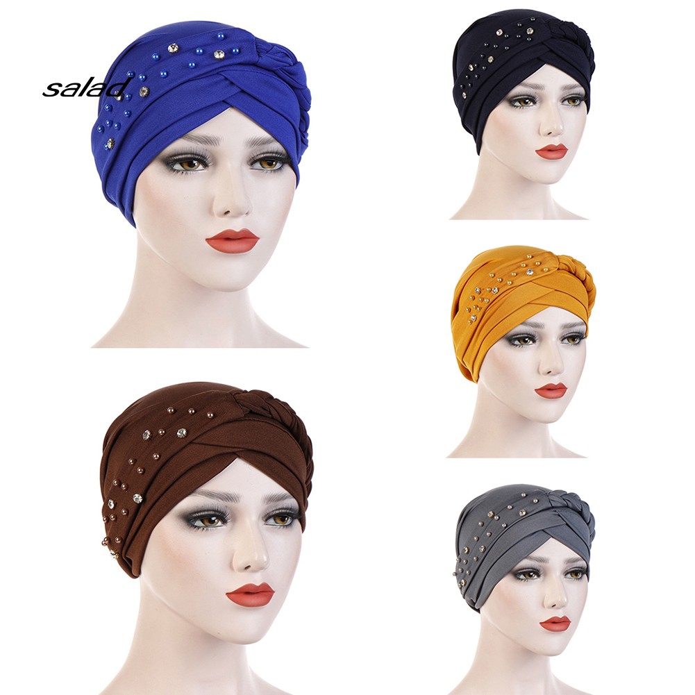 Mũ Turban Trùm Đầu Đính Hạt Màu Trơn Phong Cách Hồi Giáo Cho Nữ