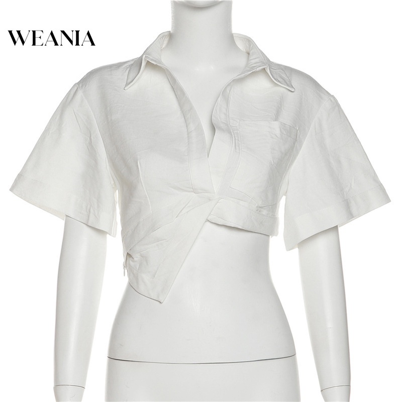 Áo Sơ Mi Ngắn Tay Cổ Bẻ Xẻ Sâu Thiết Kế Lệch Tà Quyến Rũ Cho Nữ