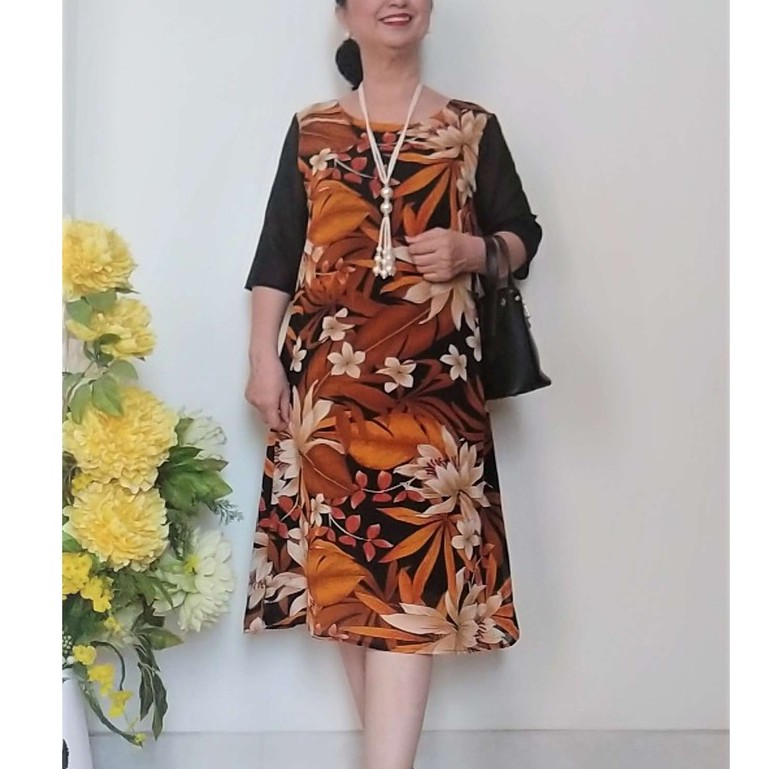 Váy Đầm Trung Niên - Vải Voan Hoa Lá Form Suông - Có Dây Kéo - Size Từ 50kg - 67kg