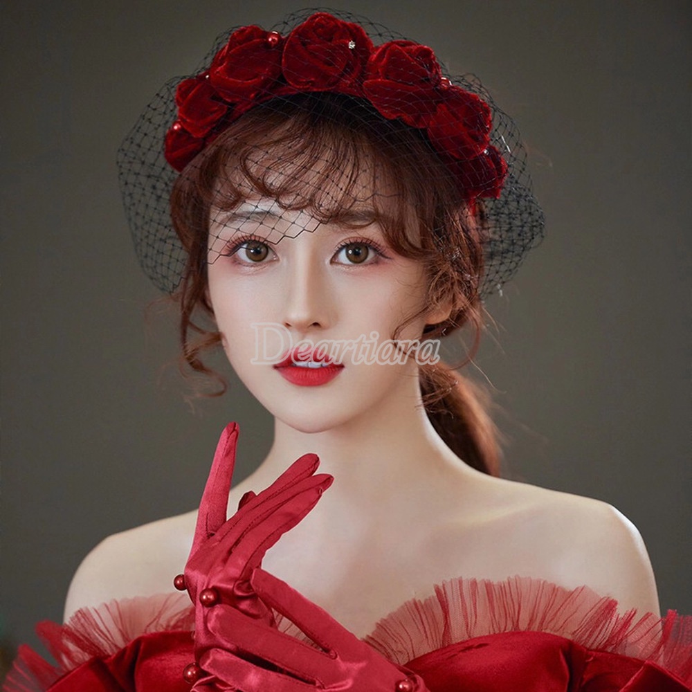 Băng Đô Cài Tóc Vải Lưới Đính Ngọc Trai Và Hoa Màu Đỏ Rượu Ngọt Ngào Cho Cô Dâu