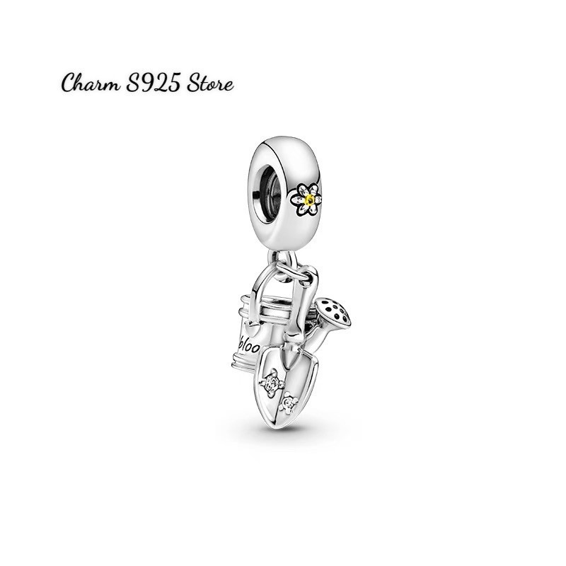 charm pan treo bộ dụng cụ làm vườn bình hoa và xẻng bạc s925