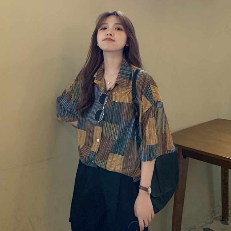 Áo Sơ Mi Ngắn Tay Dáng Rộng Họa Tiết Sọc Kẻ Ô Phong Cách Retro Hàn Quốc Dành Cho Nữ