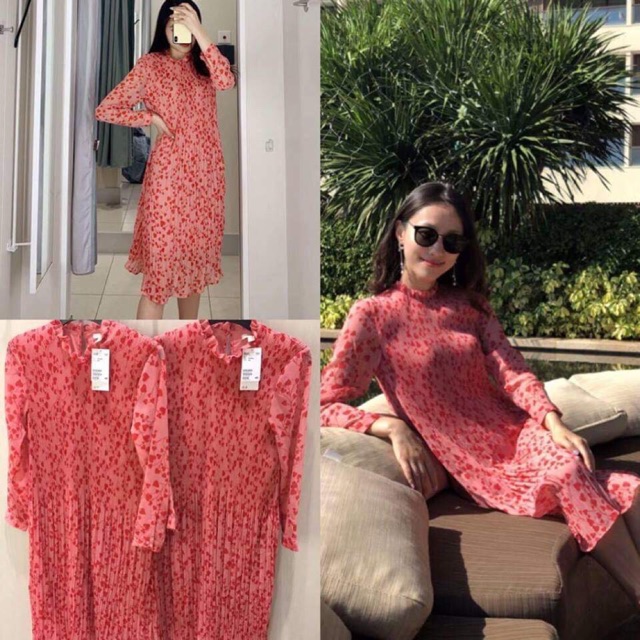 váy nữ hoa đỏ xếp ly midi dư xịn sz 34 36 38 ảnh thật
