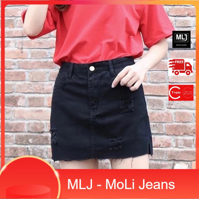 Quần váy jean BIG SIZE màu đen tuyền rách nhẹ, lưng cao, co dãn mạnh 4334