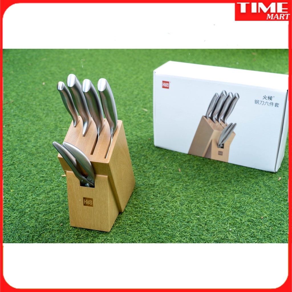 [CHÍNH HÃNG] Bộ dao kéo Đức 6 món Xiaomi HuoHou kèm chân đế gỗ. siêu sắc,cực bền [TIME_MART siêu thị tiện ích gia đình]