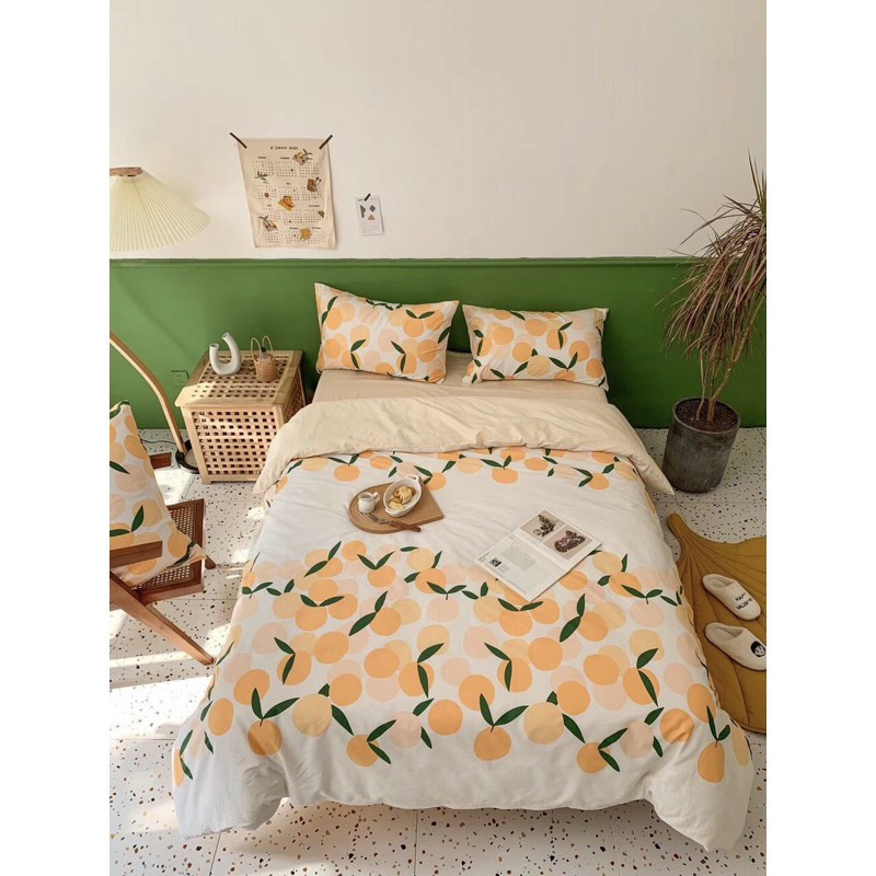 (Ảnh Thật ) Set Bộ Chăn Ga Gối Cotton Living 100% Hoa Lá Hồng Xanh Vàng