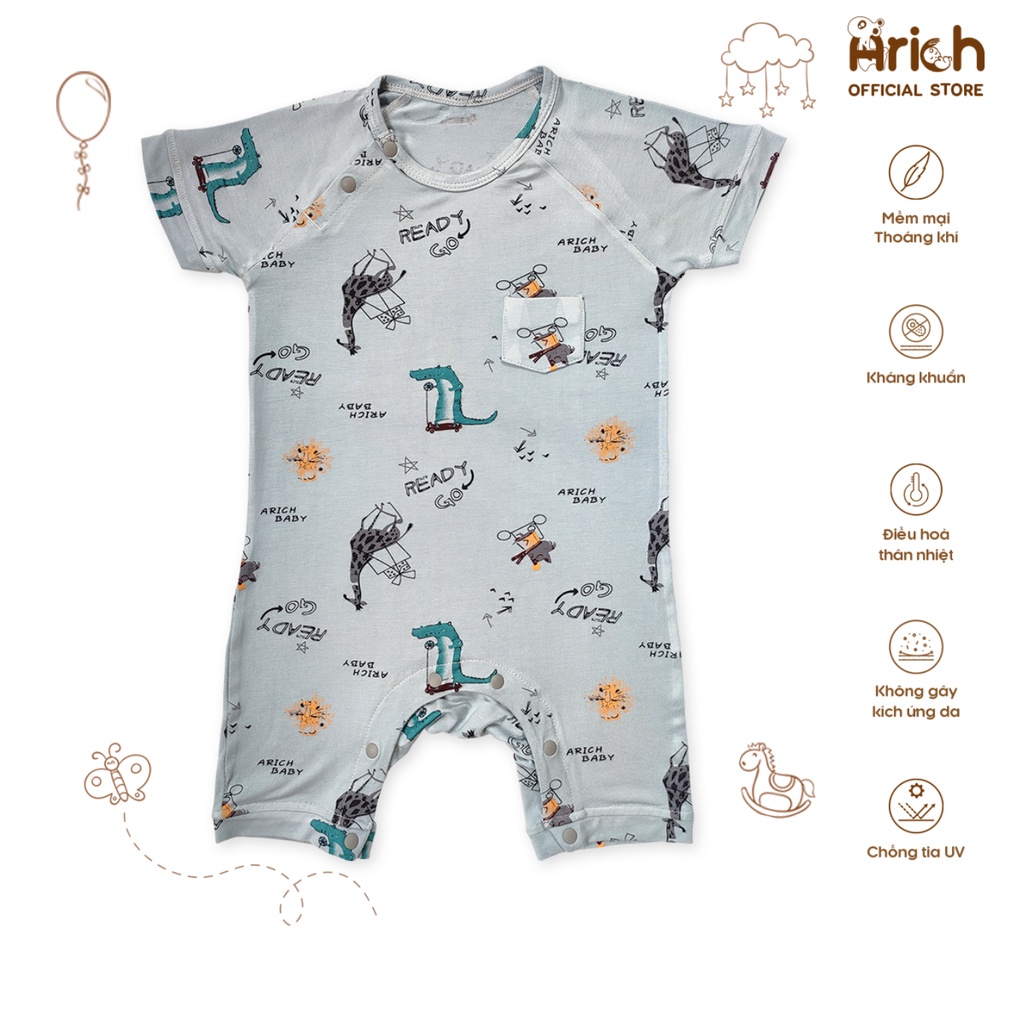 Bộ body cộc cài vai họa tiết hươu xám Arich (size 0-3 tháng đến 9-12 tháng)