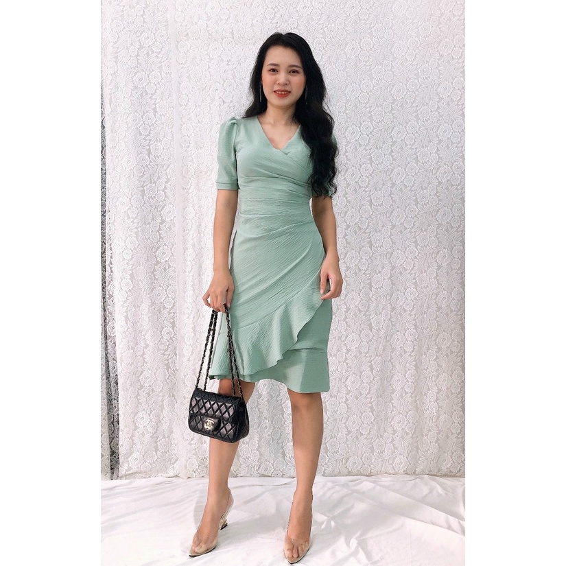 Đầm ôm cổ đắp chéo, xếp ly eo, bèo lai tôn dáng S&amp;M GR195- Hình thật do shop chụp