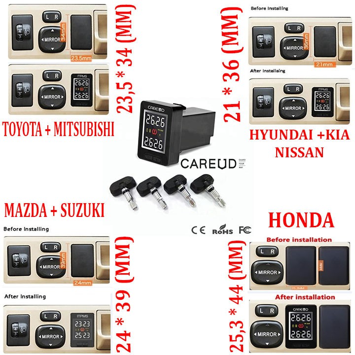 Cảm biến áp suất lốp trong thương hiệu cao cấp Careud lắp nút chờ xe ô tô các hãng MITSUBISHI, TOYOTA, KIA,...