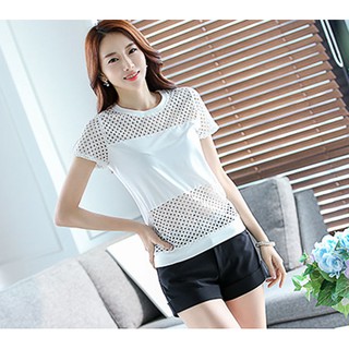Áo kiểu phối ren tay ngắn bo eo