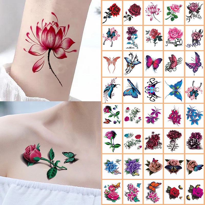 SET 15 Hình Xăm Dán 3d Hình Hoa Hồng / Bướm Không Đau Kháng Nước Lâu Trôi Dễ Sử Dụng Cho Học Sinh