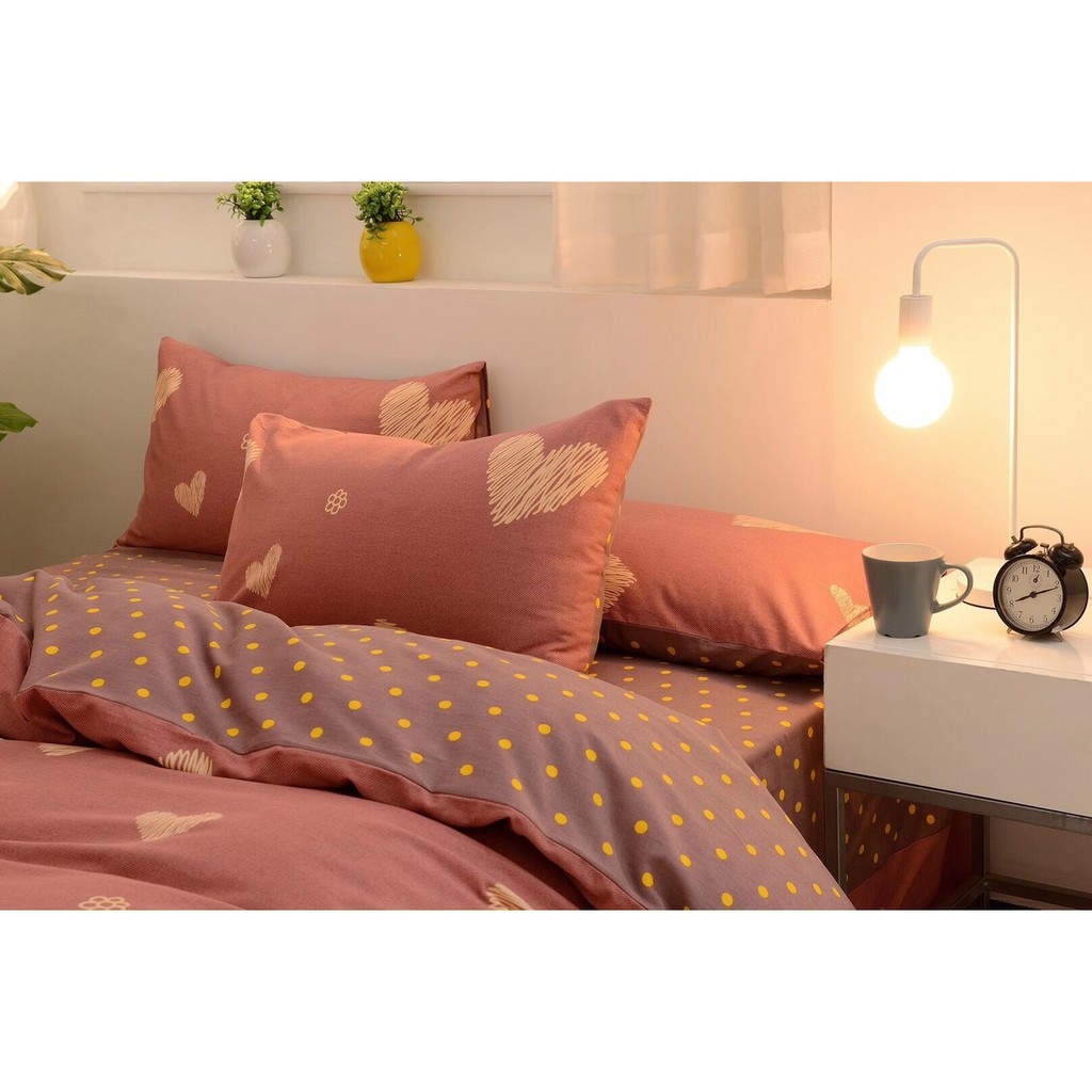 Chăn Ga Gối Cotton Poly "Tim Hồng Chấm Bi" 4 món
