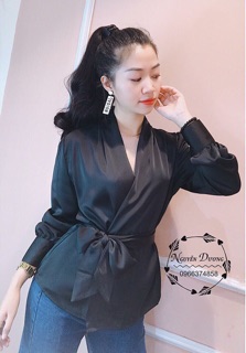 Sơ mi cổ V thắt nơ eo sang chảnh