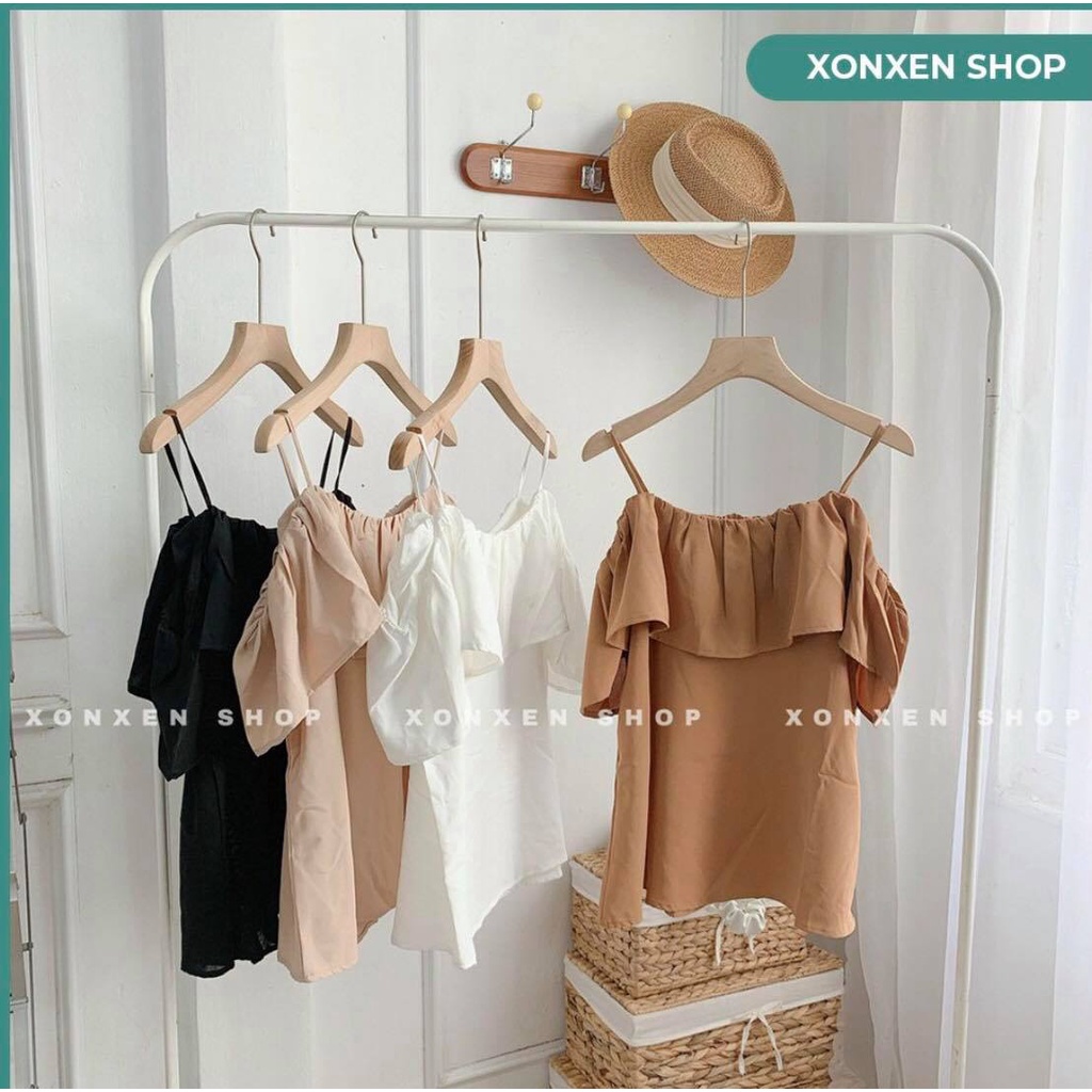 Áo 2 dây dễ thương XONXEN SHOP QUY NHƠN , áo kiểu trễ vai, lên form cực xinh freesize mã 87