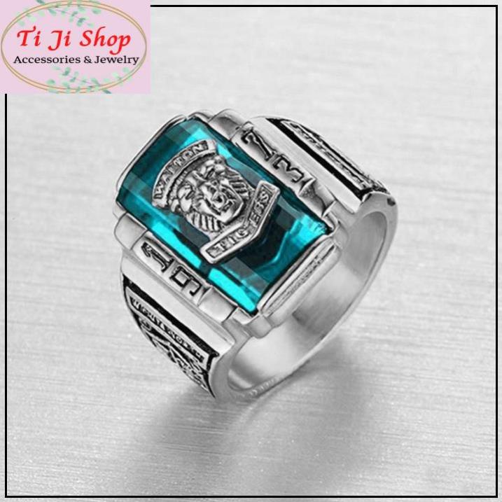 NHẪN NAM INOX SƯ TỬ 1973 ĐÁ XANH NƯỚC BIỂN siêu đẹp