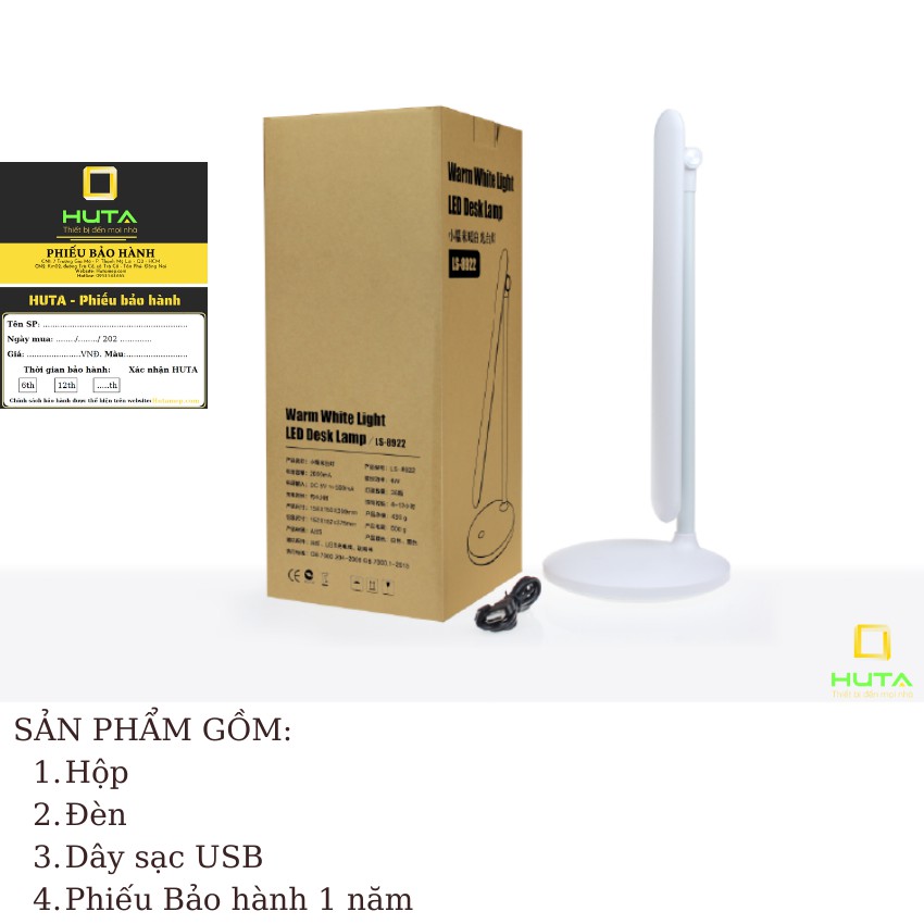 Đèn Bàn Làm Việc Cao Cấp, Tăng Giảm Màu Sắc, Ánh Sáng, Bóng Led, Pin Sạc Tích Điện, Dùng Làm Đèn Học - HUTA Shop