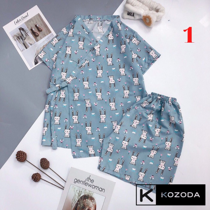 Đồ ngủ yukata Kimono Cộc Tay Nữ Set pijama buộc nơ in hình cute, quần áo ngủ mặc ở nhà, mùa hè Ulzzang Kozoda M45