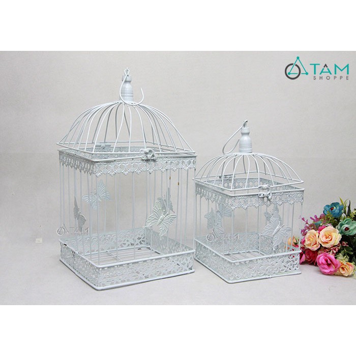 Lồng chim sắt vuông trắng họa tiết bướm H-LCHS-07