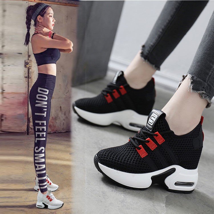 ❁✓●Net Shoes Siêu cao gót trắng Giày thể thao nữ lưới thoáng khí phiên bản Hàn Quốc tăng 10cm bánh xốp đan đơn