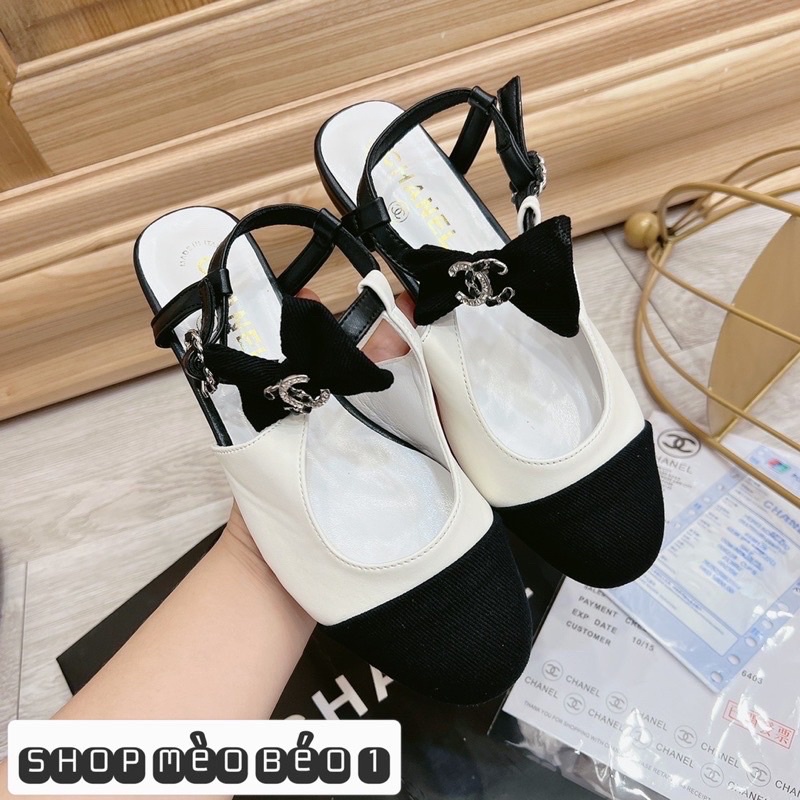 Sandal cn mũi đen quai nơ ngang đế bằng fullbox