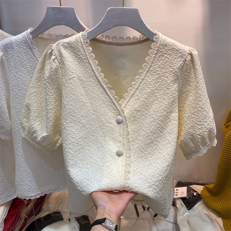 Áo Sơ Mi Ngắn Tay Cổ Chữ V Phối Ren Thiết Kế Mới Thời Trang Mùa Hè Dành Cho Nữ