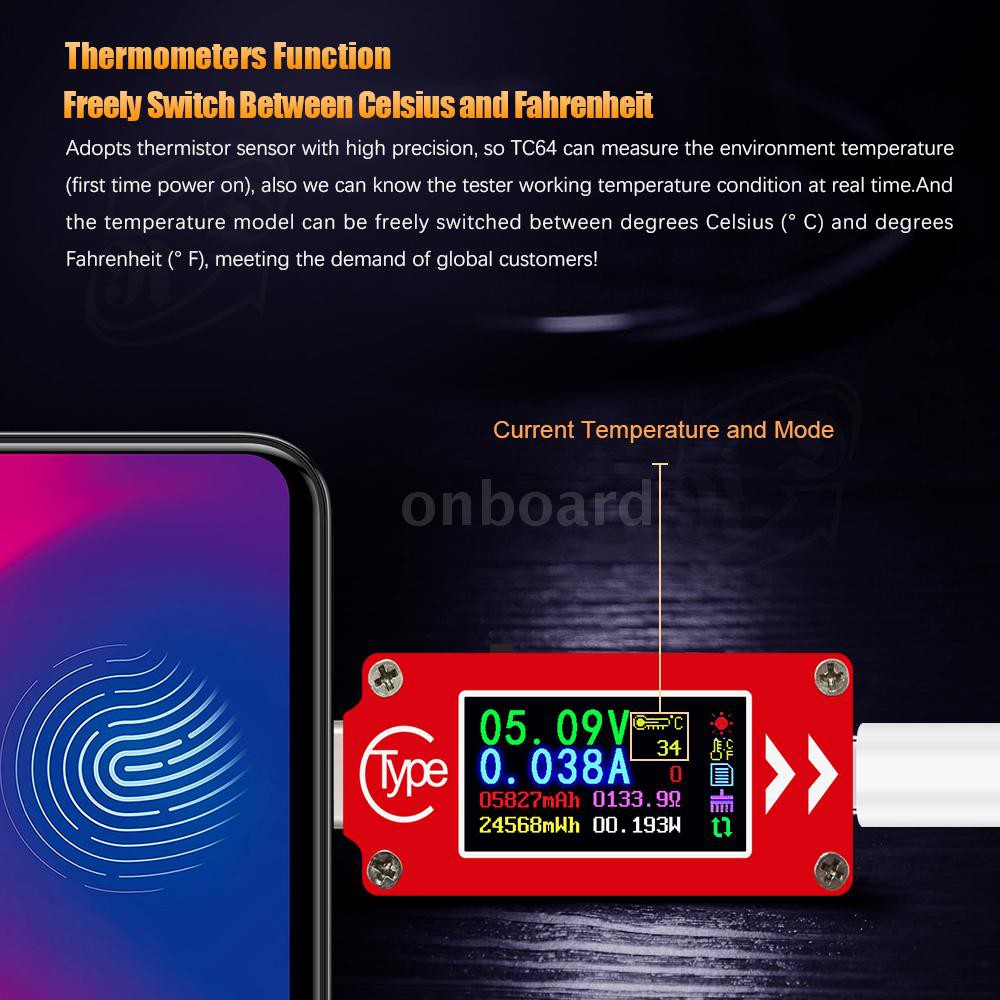 TC64 Type-C Color LCD Display USB Voltmeter Ammeter Voltage Current Meter Multimeter Battery PD Recharge Power Bank USB Tester