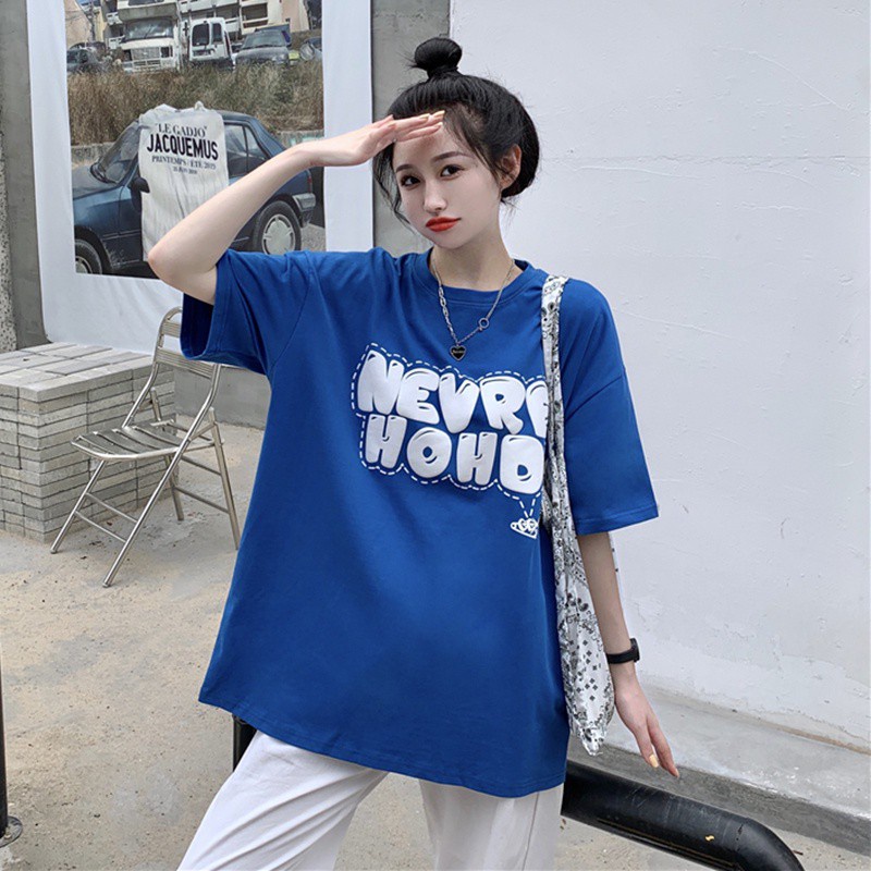 Áo thun tay ngắn cổ tròn dáng rộng in chữ thời trang mùa hè Hàn Quốc cho nữ