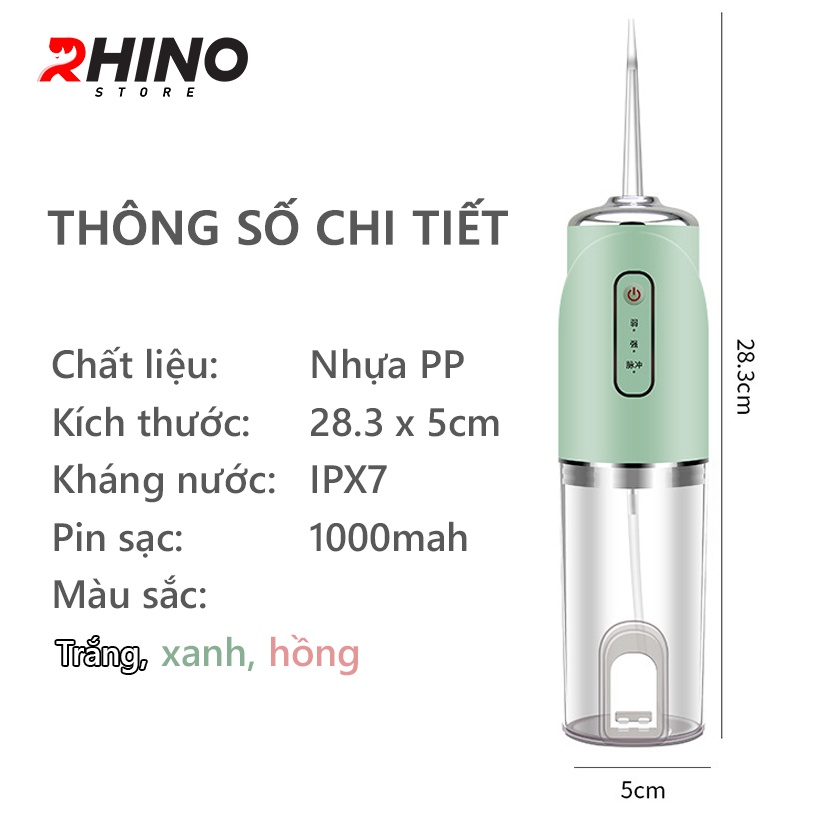 Máy tăm nước rửa răng thông minh Rhino T101 220ml 3 chế độ chăm sóc răng miệng cầm tay, có thể sạc