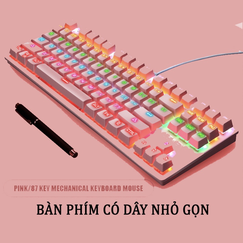 Bàn Phím Máy Tính Leaven Có Dây Màu Hồng Cơ Học 87 Nút Có Đèn Led Mini Nhỏ Gọn Dùng Cho Laptop Pc