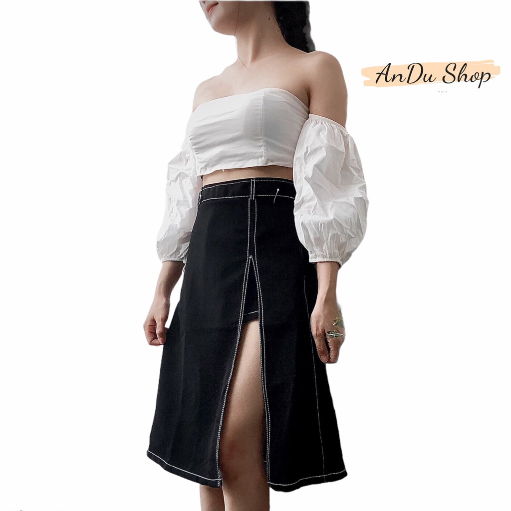 Chân váy xẻ tà trước bigsize midi chữ a ulzzang hàn quốc màu đen AnduShop