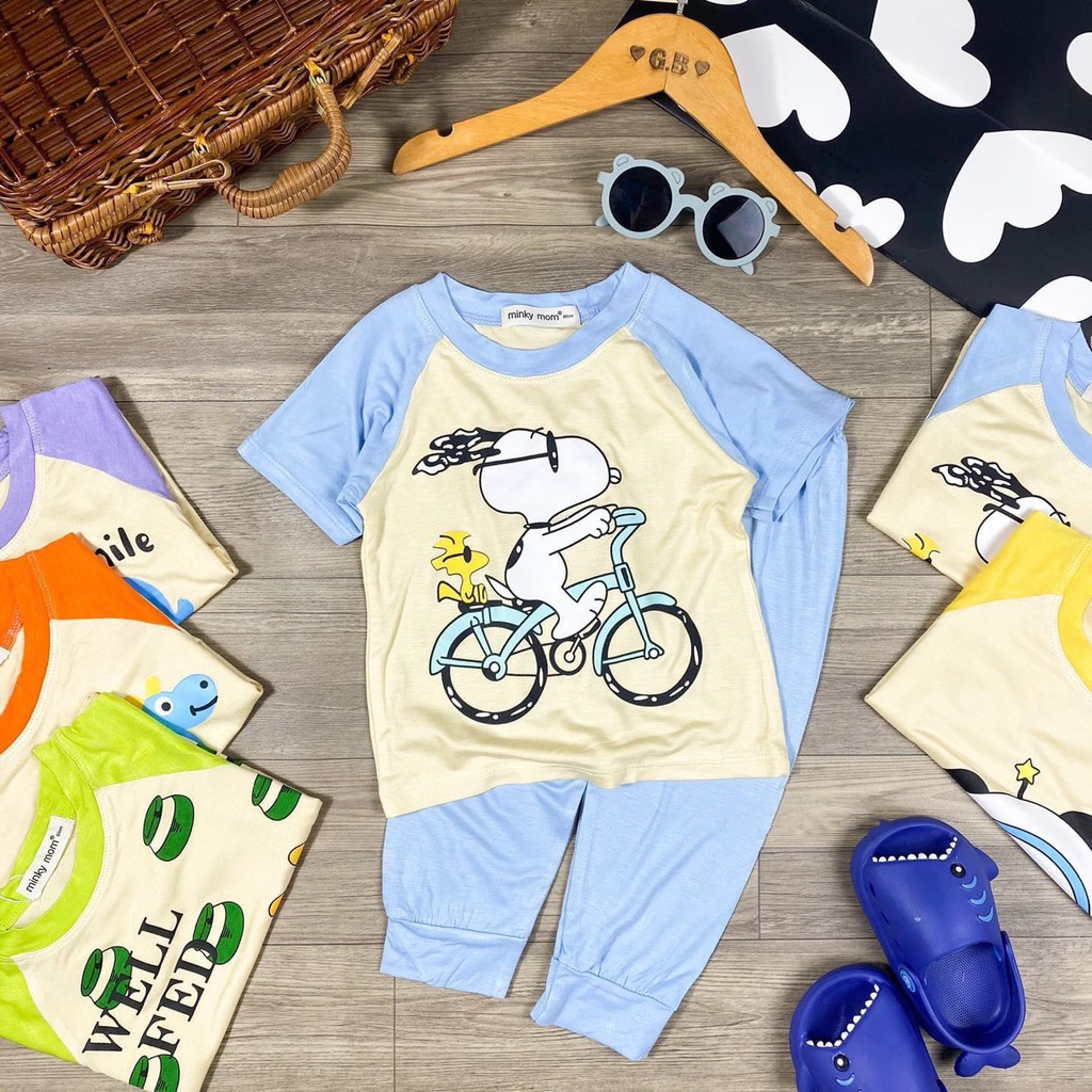 Bộ Quần Áo Trẻ Em Minky Mom Snoopy Tay Cộc Quần Dài Cho Bé Chất Thun Lạnh Siêu Mềm Mịn Mát