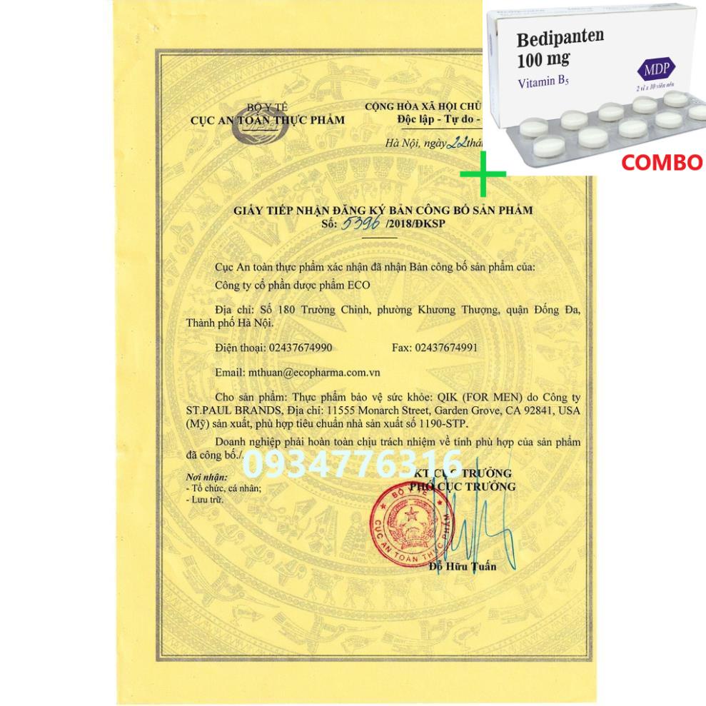 Combo Bedipanten 100mg +  Viên uống QIK HAIR (cho Nam) giảm rụng, mọc tóc chắc khỏe (15 viên)