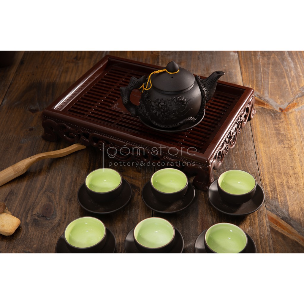 Ấm trà tử sa Bát Tràng đắp nổi hoa phù dung (Bộ trên không kèm khay ấm chén) | BigBuy360 - bigbuy360.vn
