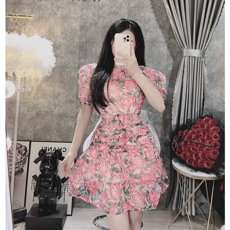 Đầm Hoa Hồng Đuôi Cá Nhún Siuu Cưng