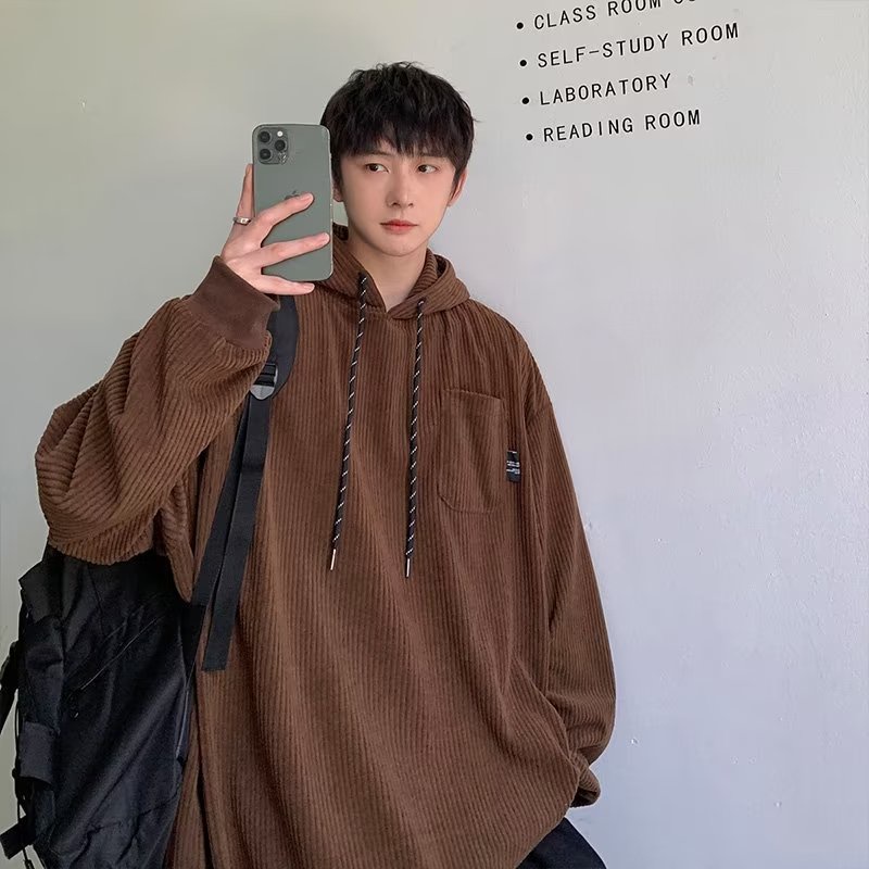 Áo Hoodie Nhung Áo Hoodie Dáng Rộng Phối Túi Thời Trang Retro Đơn Giản Cá Tính Cho Nam áo hoodie nữ form rộng